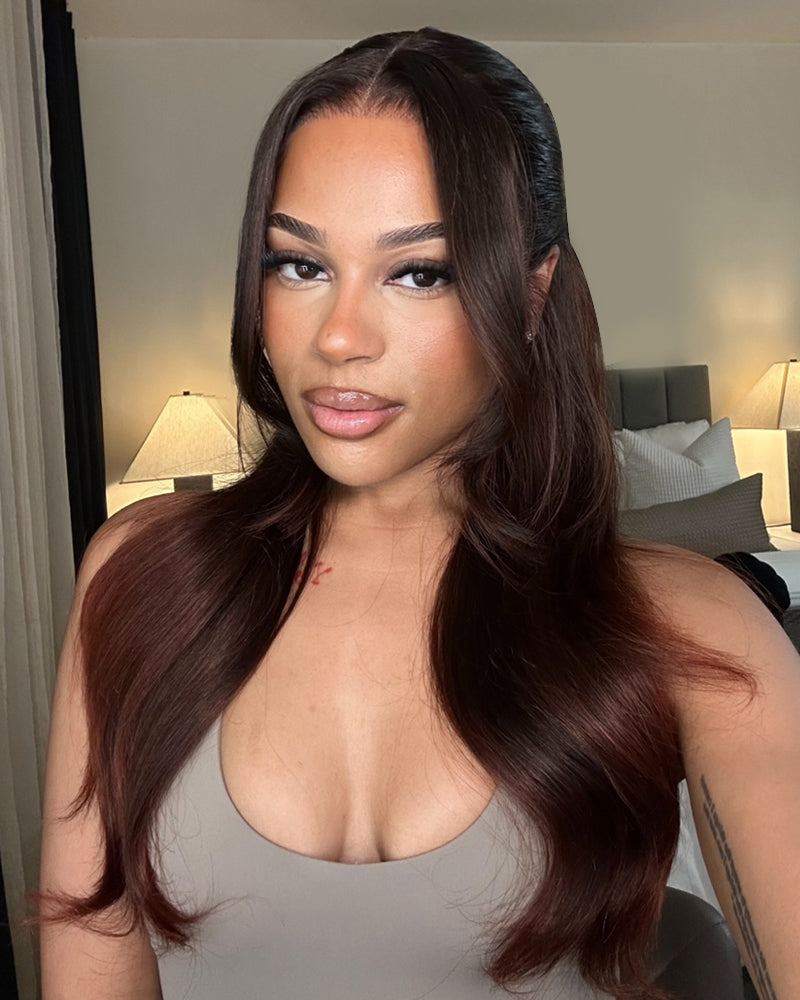 Pure-Luxe™ Airtouch Balayage Highlights Burgundy Ombre Color Blowout In Wavy Pre-Cut 13x6 Lace Ultra-Dense Glueless Human Hair Wig