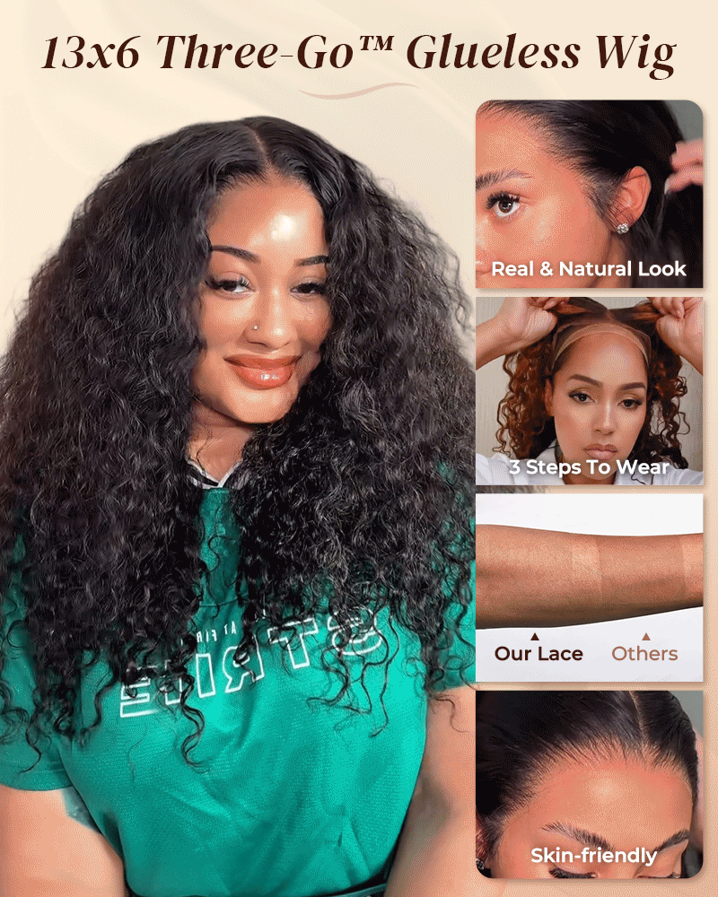 【$299 = 2 WIGS】Arabella 13x6 Three-Go™ Glueless Wig Water Wave With Drawstring Natural Black 100% Human Hair Wig