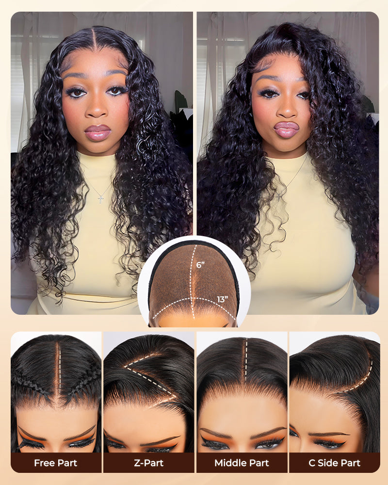 【$299 = 2 WIGS】Arabella 13x6 Three-Go™ Glueless Wig Water Wave With Drawstring Natural Black 100% Human Hair Wig