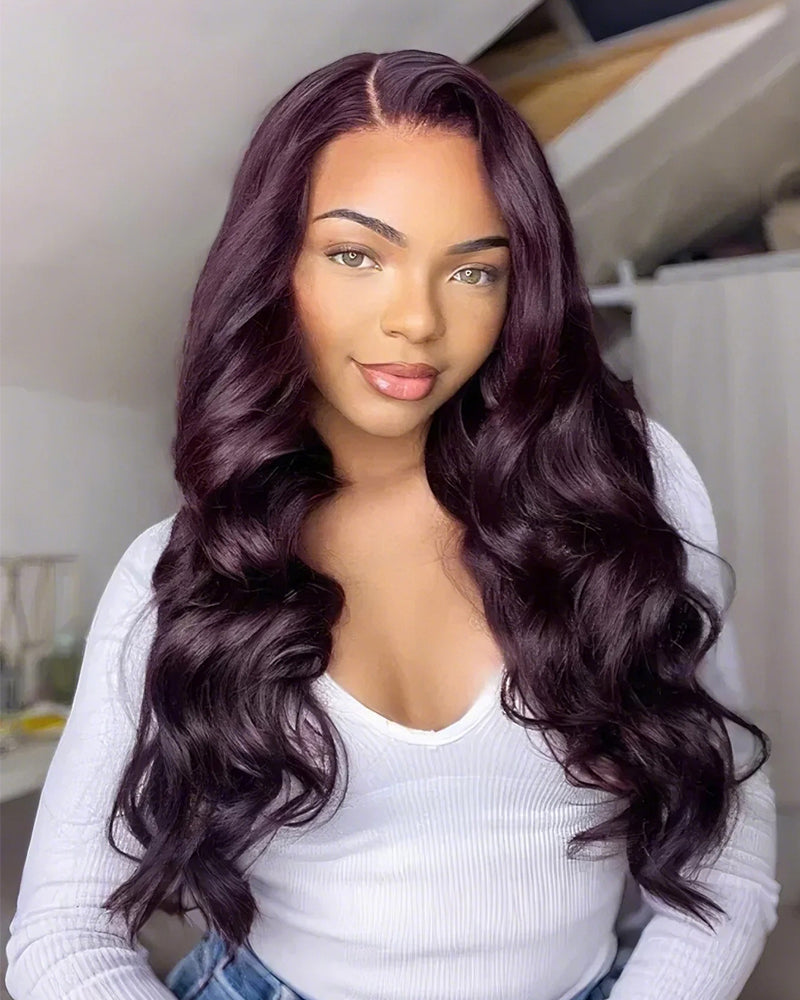 Arabella 13x4 Frontal Lace & 6x5 Invisible Knots Glueless Dark Plum Body Wave Wig Invisible Knots Realistic Hairline