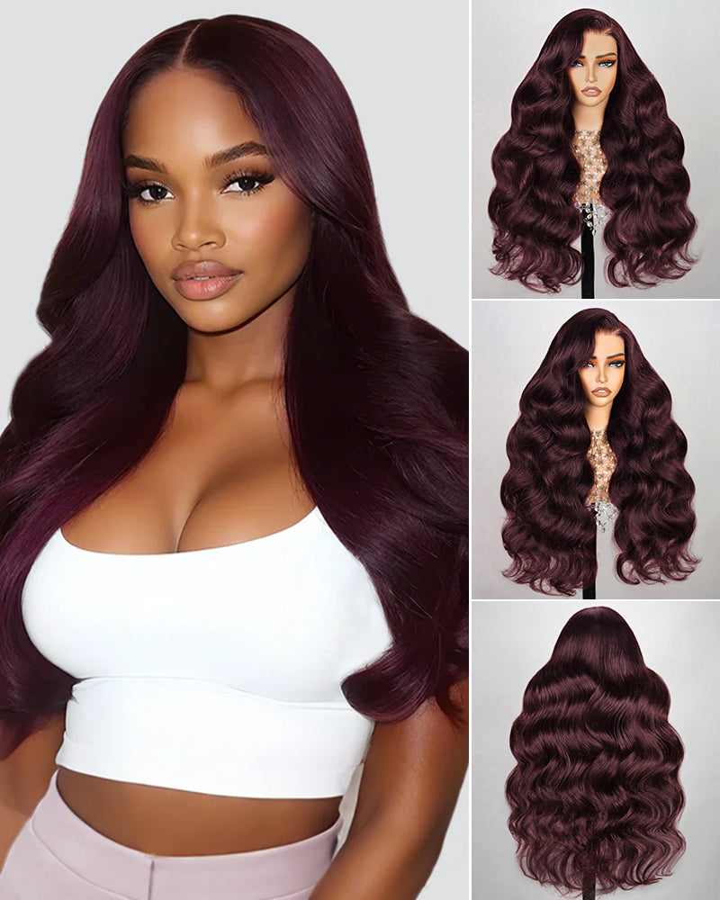 Arabella 13x4 Frontal Lace Dark Plum Body Wave Wig Invisible Knots Realistic Hairline