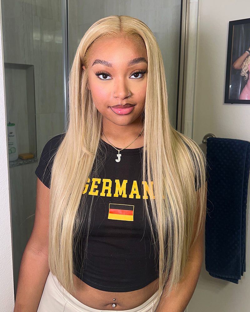 Arabella 6x5 Invisible Knots & 13x4 Frontal Lace Blonde Khaki Highlight Straight Wig Invisible Knots Realistic Hairline