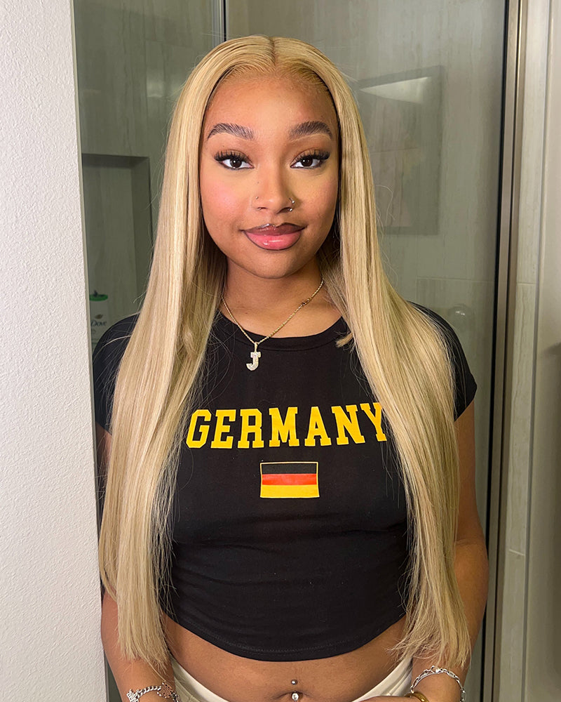 Arabella 6x5 Invisible Knots & 13x4 Frontal Lace Blonde Khaki Highlight Straight Wig Invisible Knots Realistic Hairline