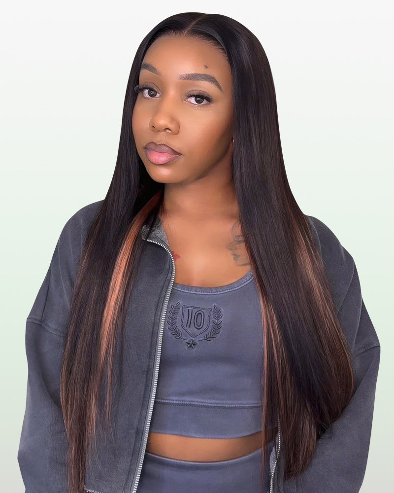Black Chocolate Peach Ombre Color Straight Pre-Cut 6x5 Glueless Lace Human Hair Wig
