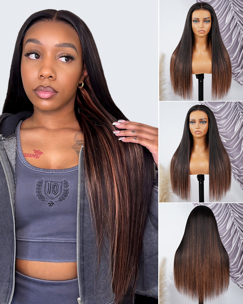 Black Chocolate Peach Ombre Color Straight Pre-Cut 6x5 Glueless Lace Human Hair Wig