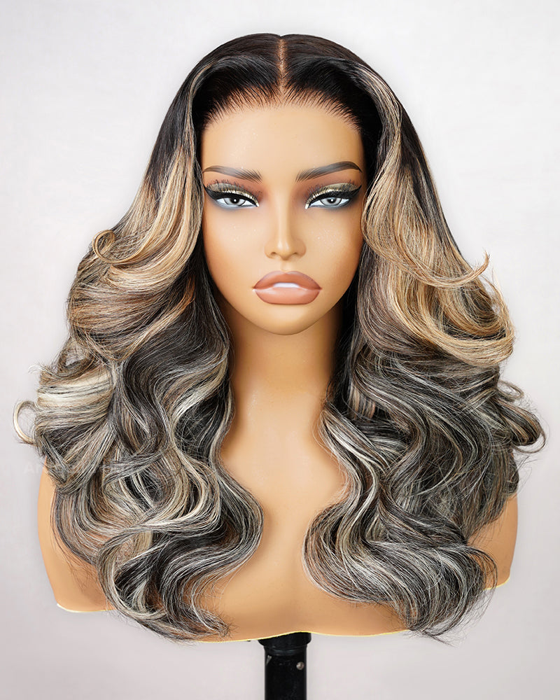 $100-$50 | Arabella 13x6 Pre-All Glueless/6x5 Pre-cut Glueless Lace Balayage Highlight Body Wave Wig Invisible Knots Realistic Hairline
