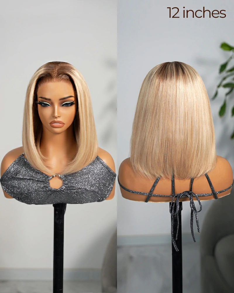 Arabella Hair glueless blonde bob wig—front hairline and back volume comparison