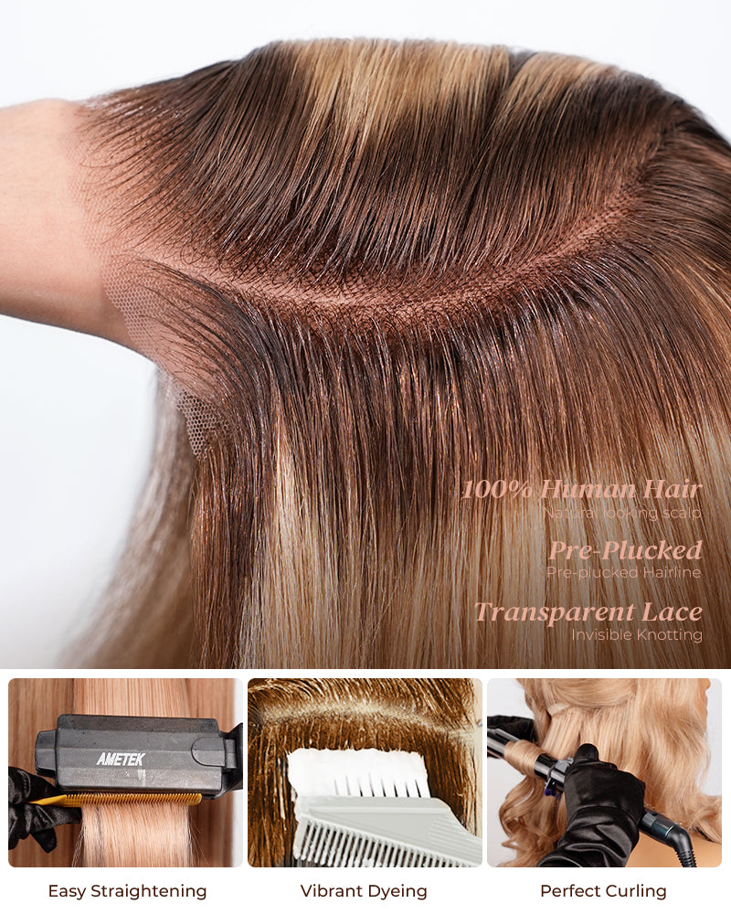 Arabella Hair brown root blonde ombre wig, pre-cut lace—can straighten, dye, and curl