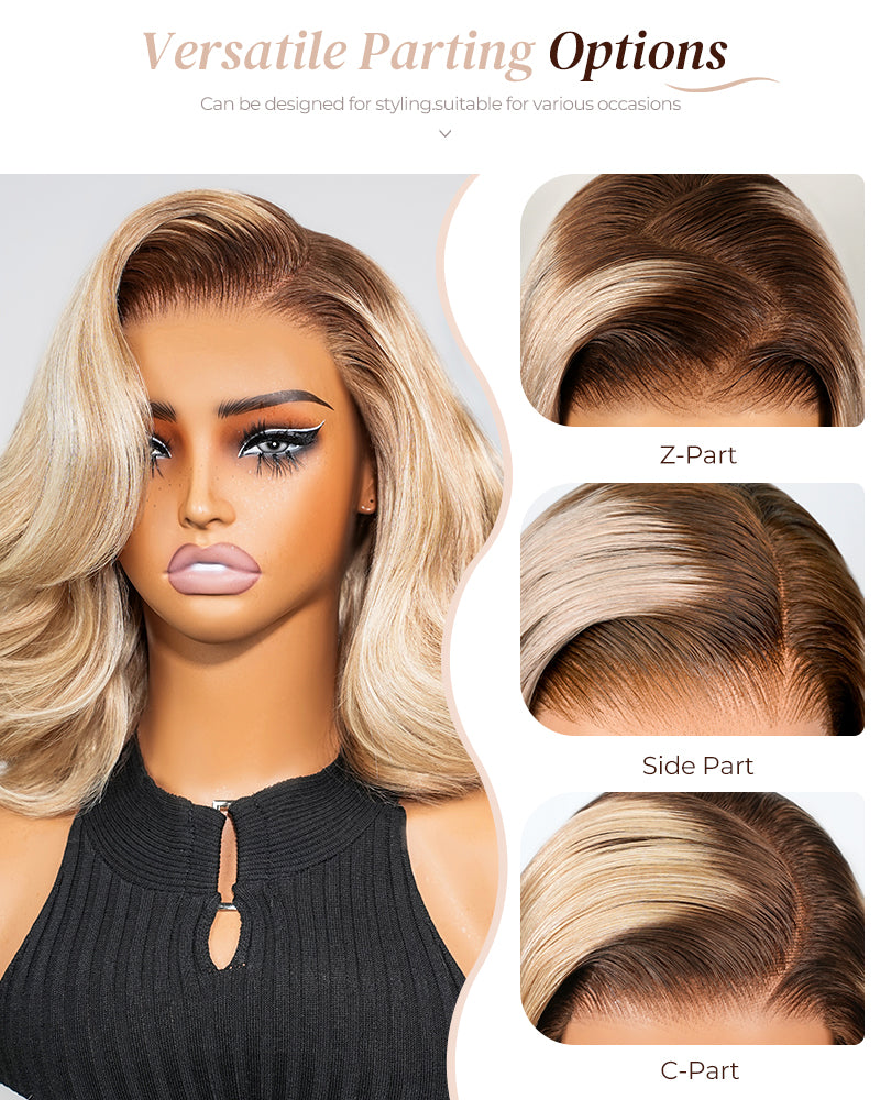 Arabella Hair 6x5 lace front blonde ombre bob wig with brown roots—multiple parting styles