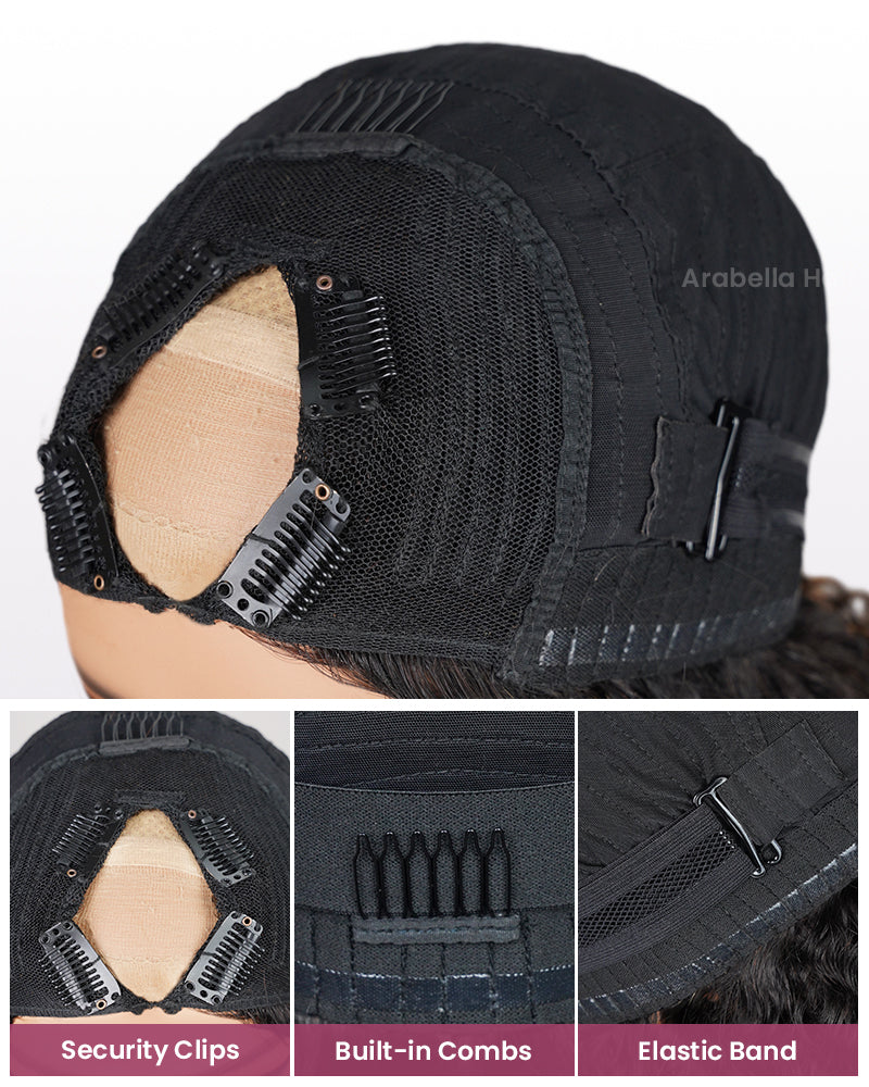 Arabella V-Part Lace Glueless Auburn Highlights on Black Hair Jerry Curly Wig Invisi Drawstring Clip & Go