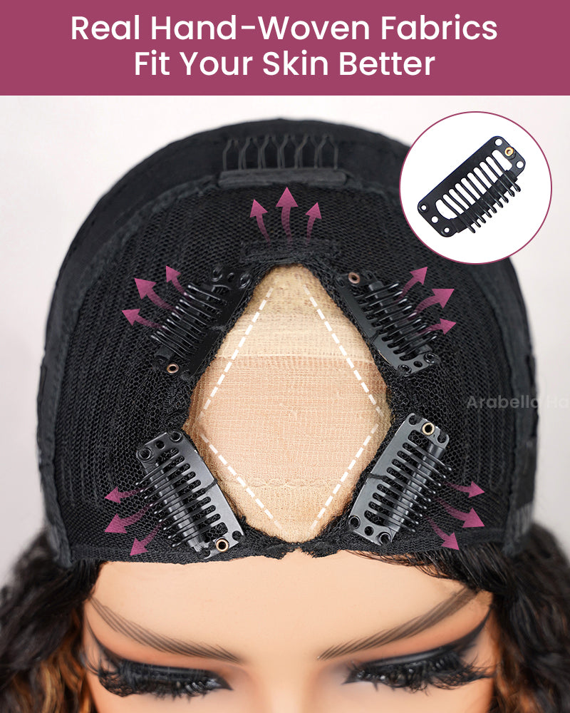 Arabella V-Part Lace Glueless Auburn Highlights on Black Hair Jerry Curly Wig Invisi Drawstring Clip & Go