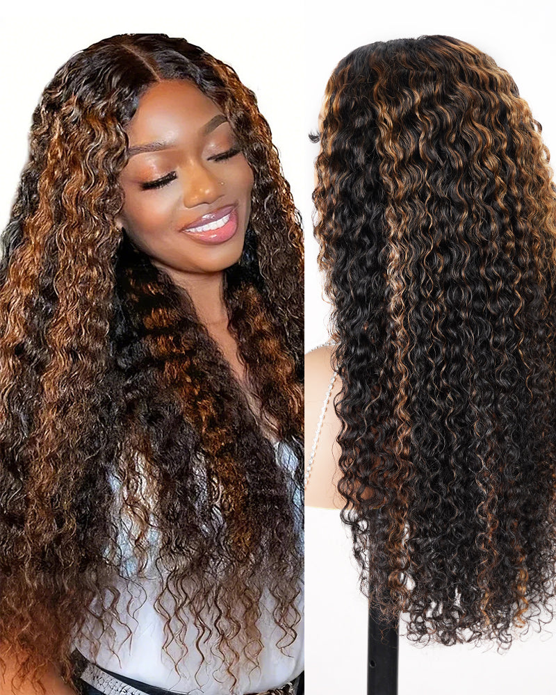 Arabella V-Part Lace Glueless Auburn Highlights on Black Hair Jerry Curly Wig Invisi Drawstring Clip & Go