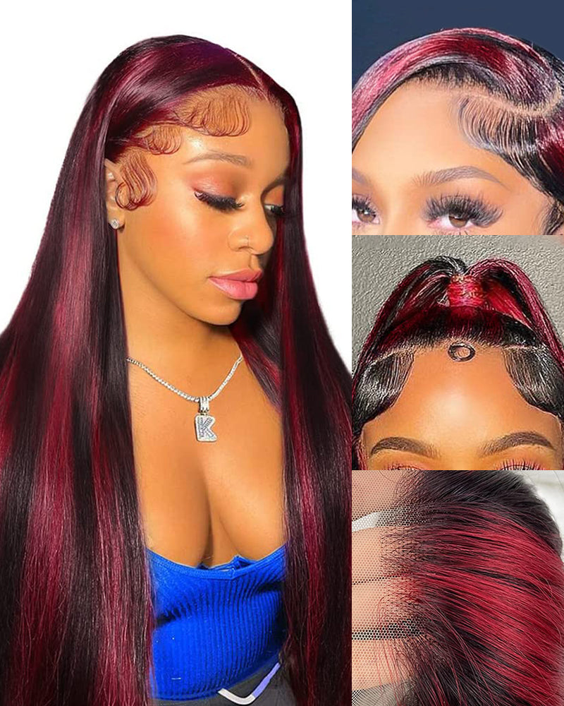 【BOGO】Dark Burgundy With Rose Red Highlights Color Straight 13x4 Lace Human Hair Wigs Free Part