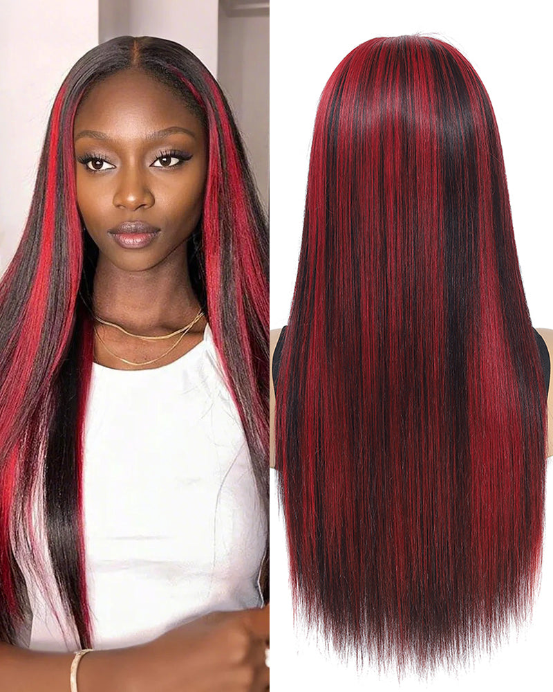 【BOGO】Dark Burgundy With Rose Red Highlights Color Straight 13x4 Lace Human Hair Wigs Free Part