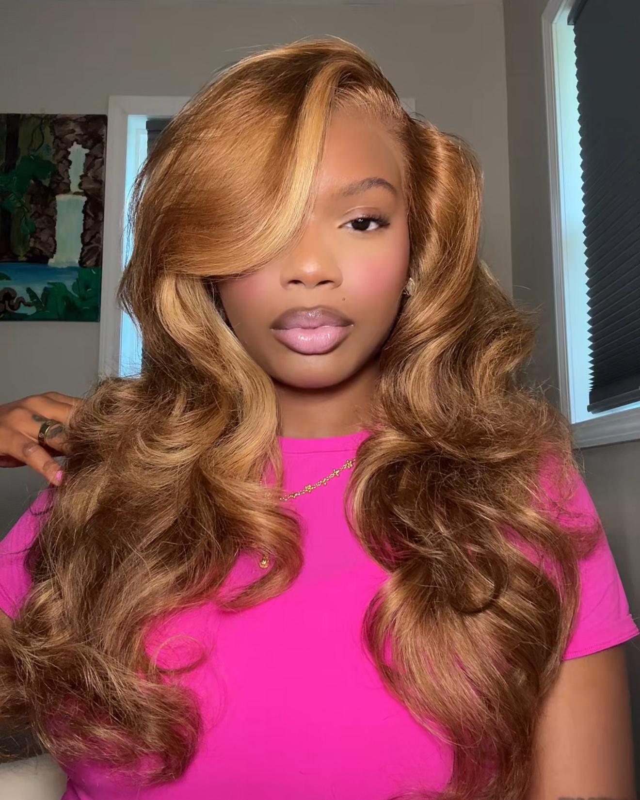 Arabella 6x5 invisible knots Glueless Honey Blonde Highlights On Brown Wig Body Wave Wig Realistic Hairline