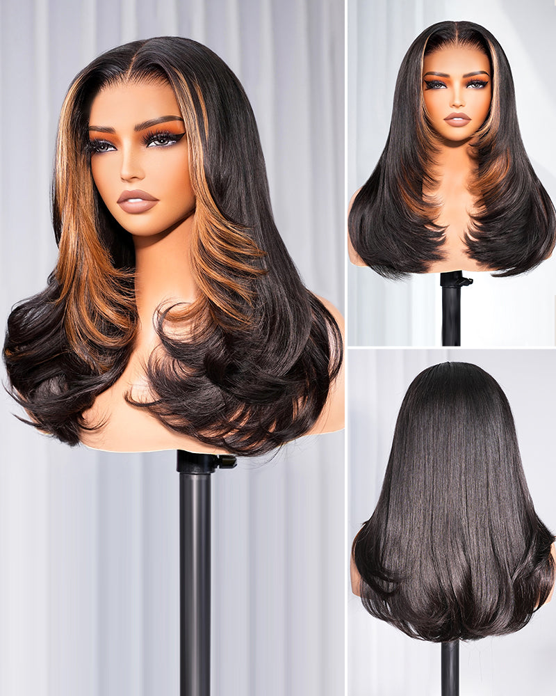 Arabella 6x5 Invisible Knots Glueless Money Piece Highlight on Natural Black Straight Wig Pre-cut Lace Beginner Friendly