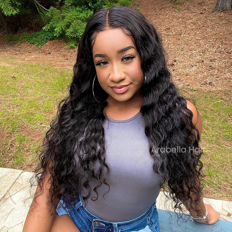 Arabella 6x5 Invisible Knots Glueless Lace Deep Wave Wig Pre-cut Lace Natural Black Beginner Friendly