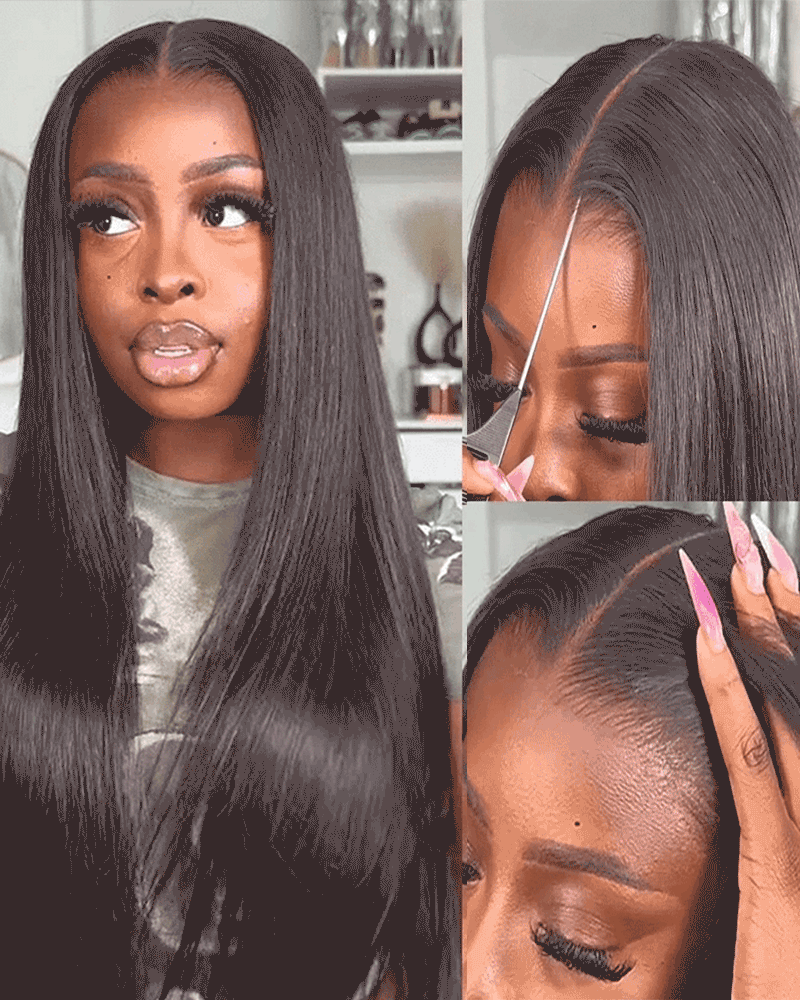 Arabella 6x5 Invisible Knots Glueless & 13x4 Frontal Lace Silky Straight Wig Pre-cut Lace Natural Black Beginner Friendly