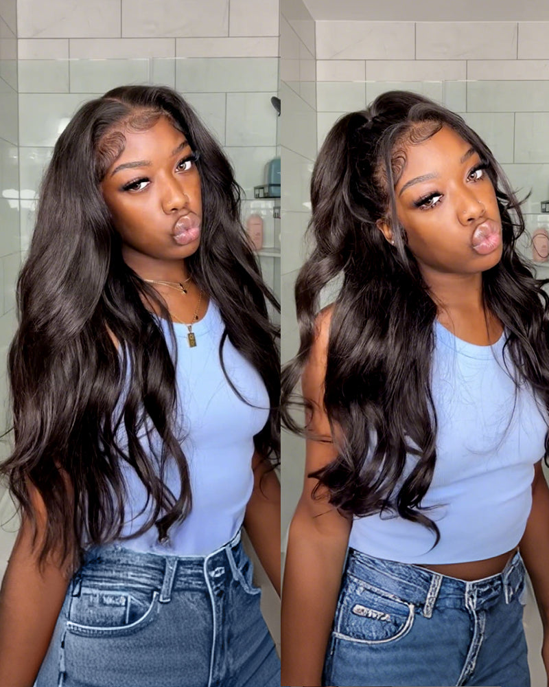 Black human hair wig styles: body wave, half-up, ponytail options