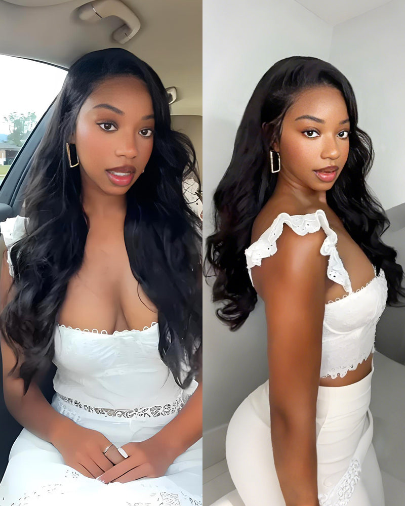 Front and side view: black body wave 13x6 glueless lace front human hair wig