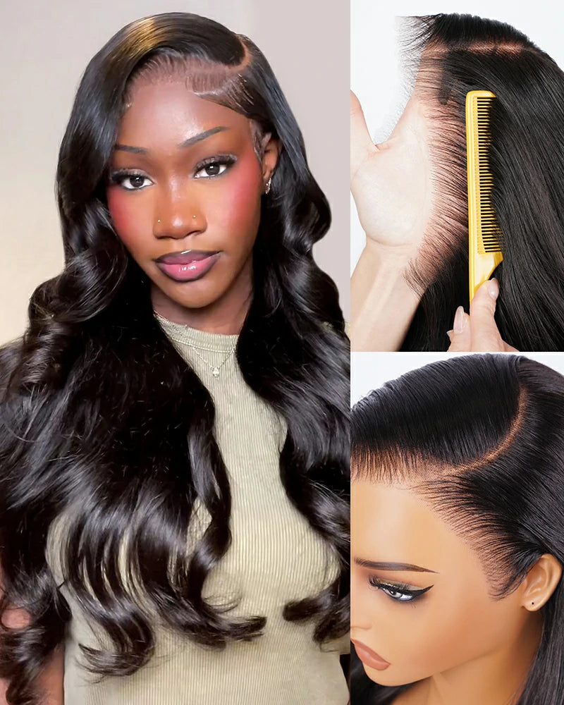 Natural hairline detail on black 13x6 glueless lace front human hair wig