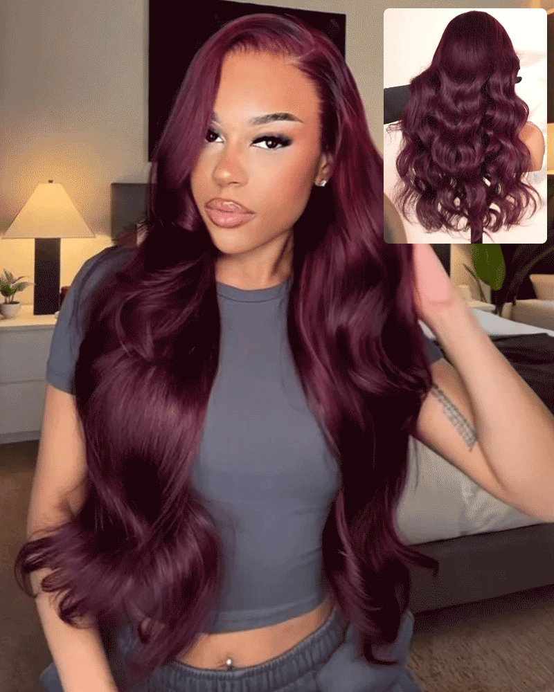 【$299 = 2 WIGS】Arabella 13x6 Three-Go™ Dark Plum Glueless Wig Body Wave With Drawstring 100% Human Hair Wig