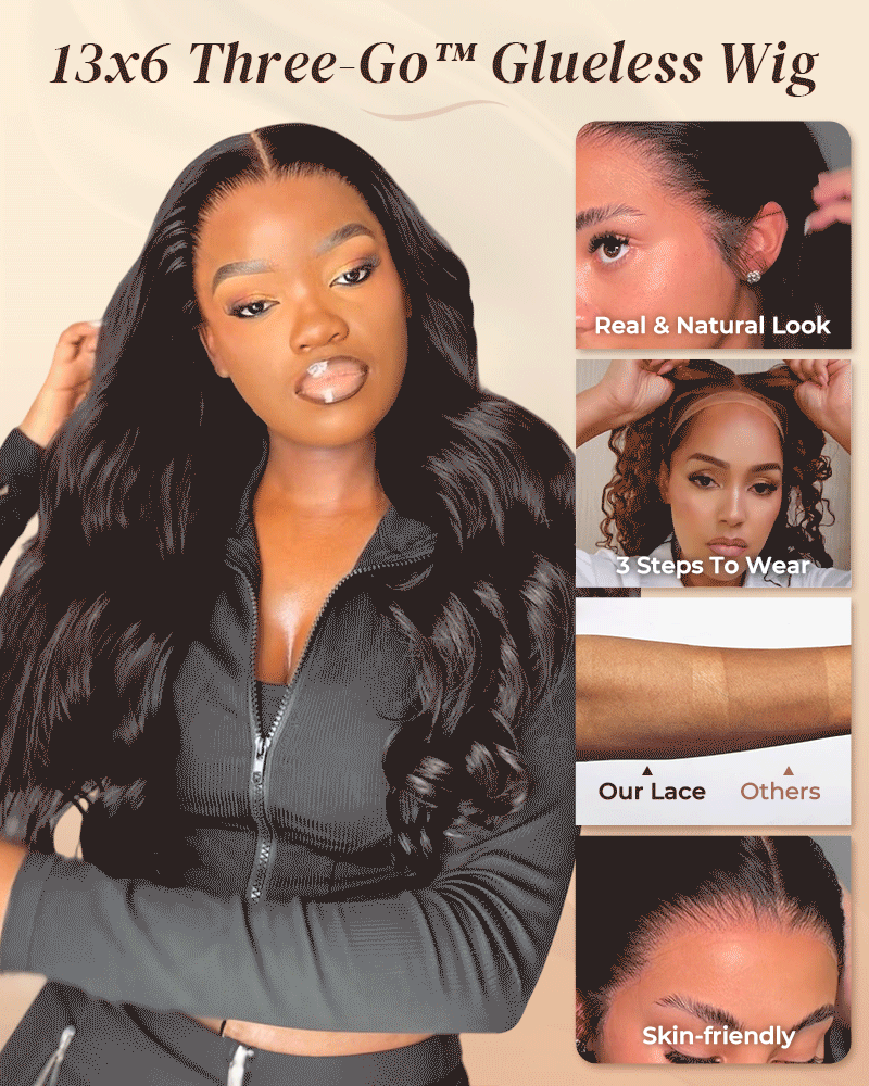 13x6 Three-Go glueless lace front human hair wig: natural look, 3-step wear, skin-friendly lace
