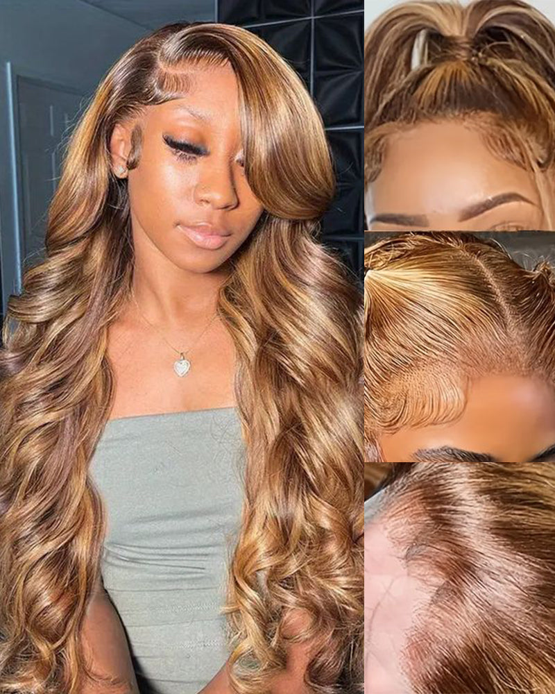 Arabella 13x4 Frontal Lace Honey Blonde Highlights On Brown Wig Body Wave Wig Invisible Knots Realistic Hairline