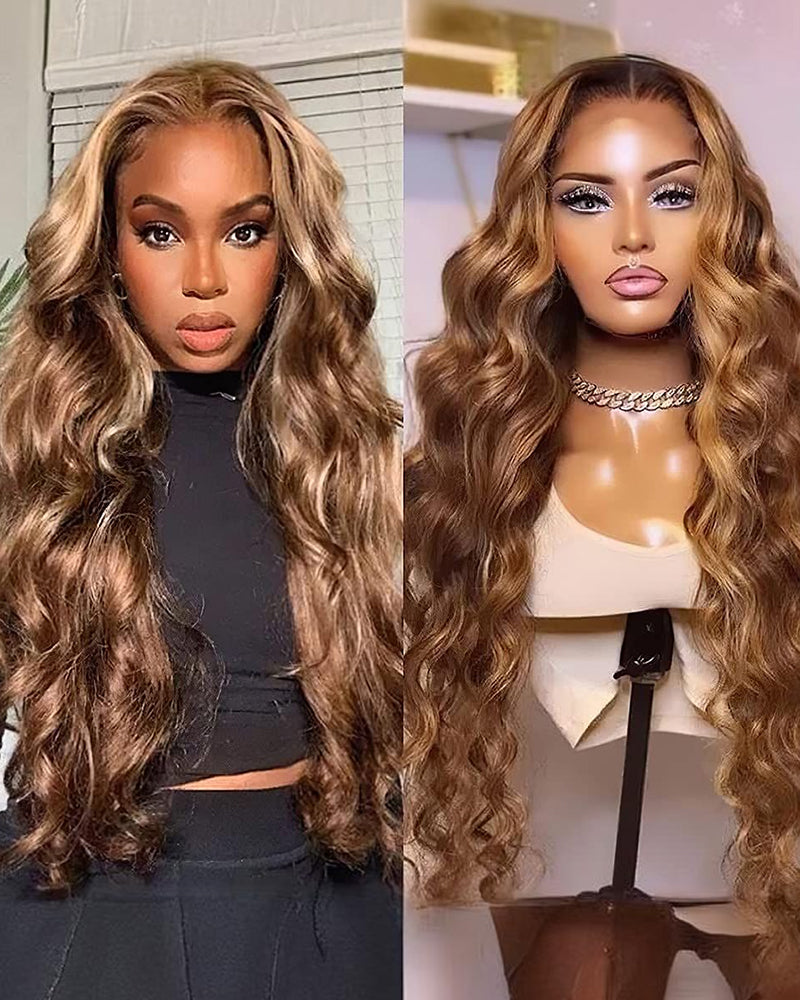 Arabella 13x4 Frontal Lace Honey Blonde Highlights On Brown Wig Body Wave Wig Invisible Knots Realistic Hairline