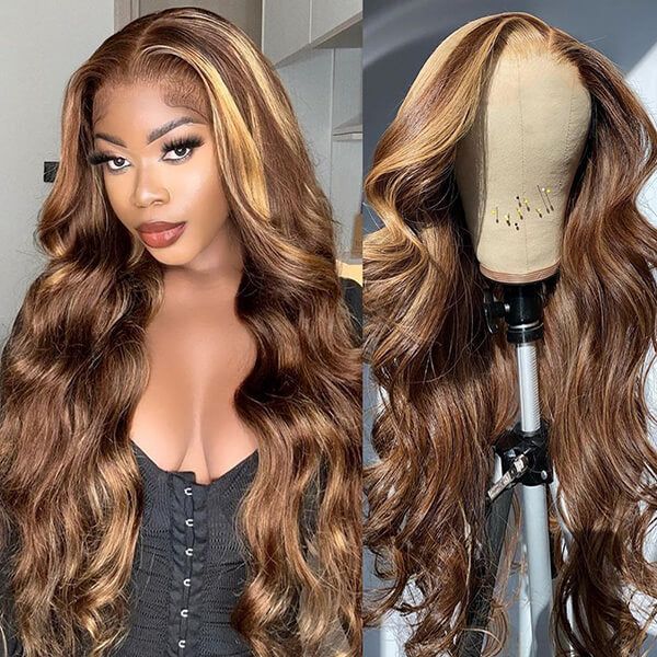Arabella 13x4/6x5 Lace Honey Blonde Highlights On Brown Wig Body Wave Wig Invisible Knots Realistic Hairline