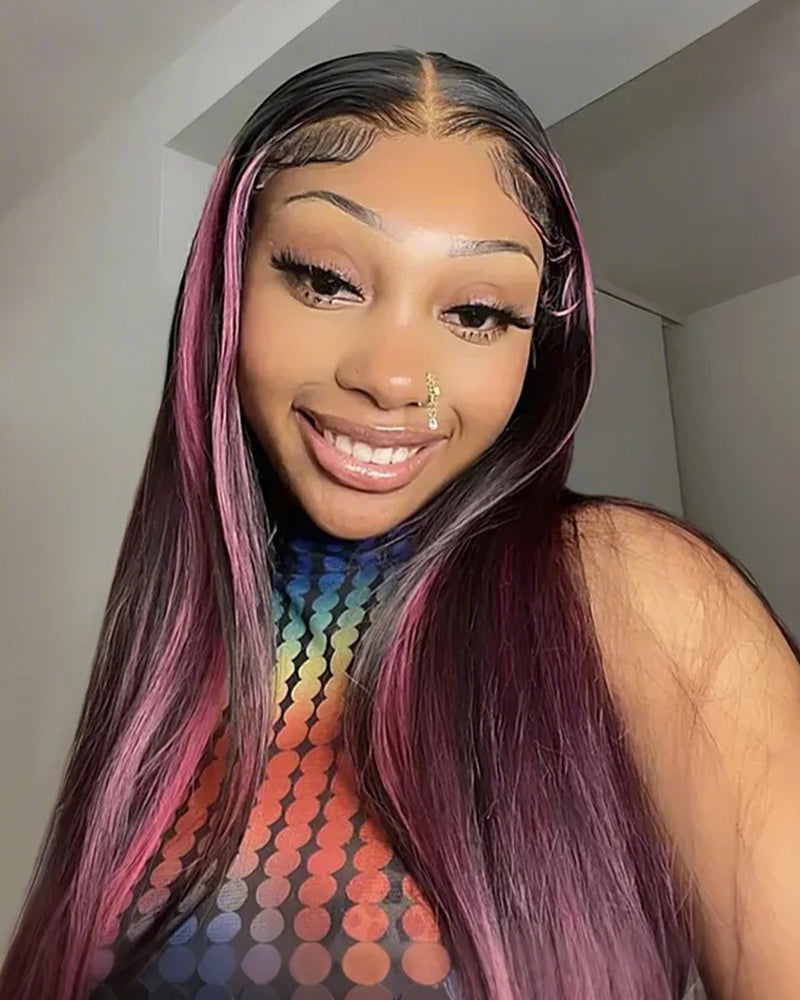 000【BOGO】Red Purple Highlights Color Straight 13x4 Lace Front Human Hair Wigs Free Part