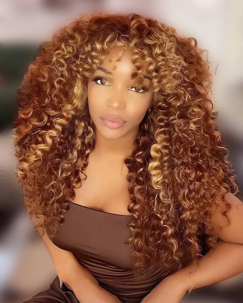 16"=$105 | P4/27 Ombre Afro Kinky Curly Wig with Bangs Full Machine Made Remy Human Hair Wig