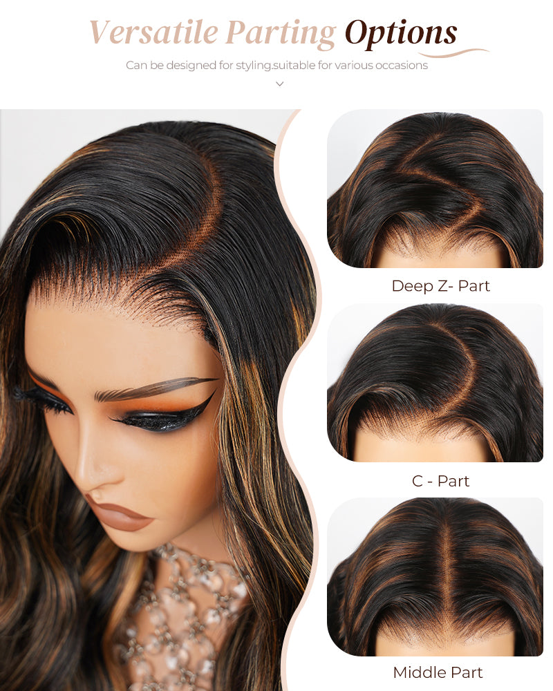 $200-$100 | Arabella 6x5 invisible knots Glueless Auburn Highlights on Black Hair Loose Deep Wave Wig Pre-cut Lace