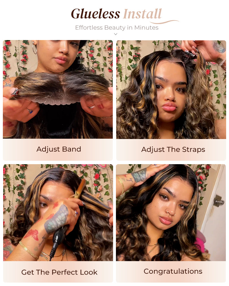 $200-$100 | Arabella 6x5 invisible knots Glueless Auburn Highlights on Black Hair Loose Deep Wave Wig Pre-cut Lace