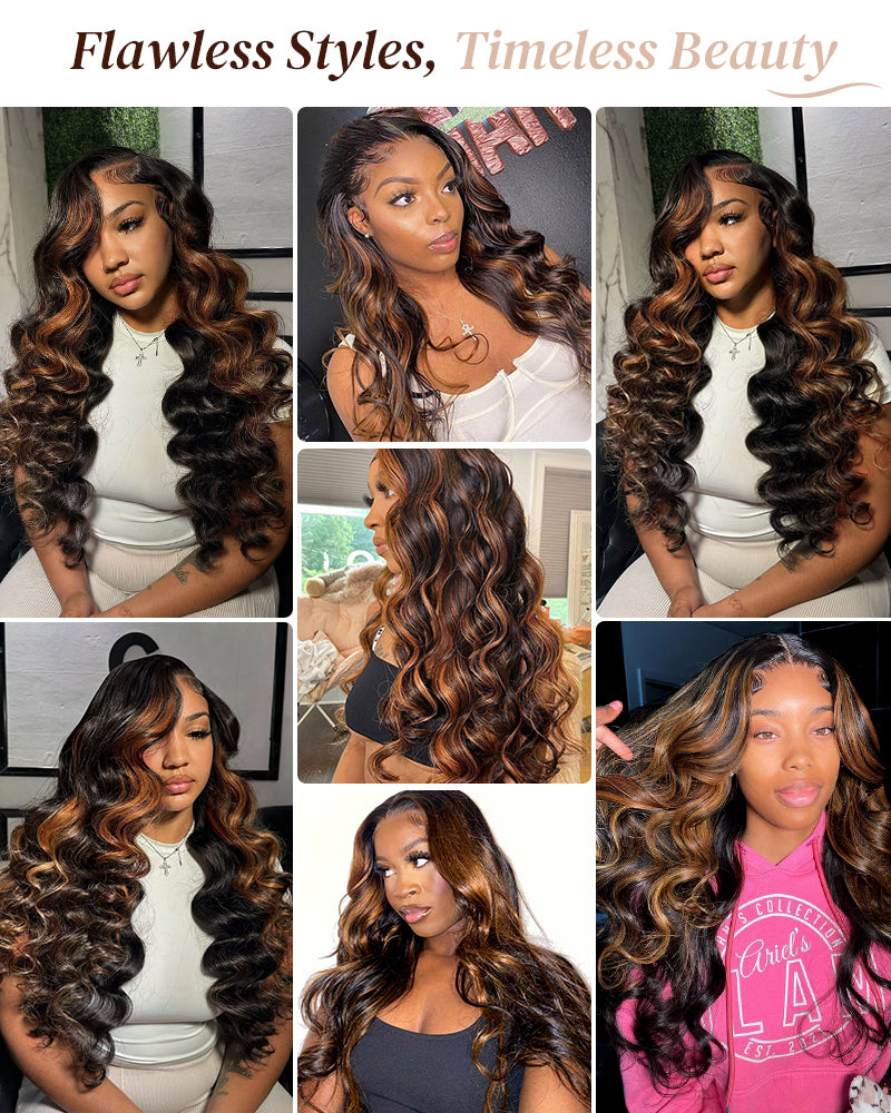 $200-$100 | Arabella 6x5 invisible knots Glueless Auburn Highlights on Black Hair Loose Deep Wave Wig Pre-cut Lace