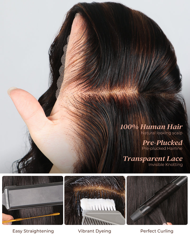 18"=$117 | Arabella 360 Full Lace Glueless Auburn Highlights on Black Hair Body Wave Wig Invisi Drawstring Pull & Go