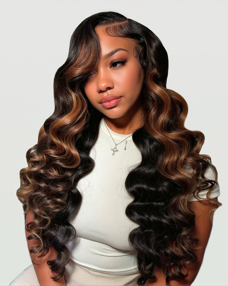 $200-$100 | Arabella 6x5 invisible knots Glueless Auburn Highlights on Black Hair Loose Deep Wave Wig Pre-cut Lace