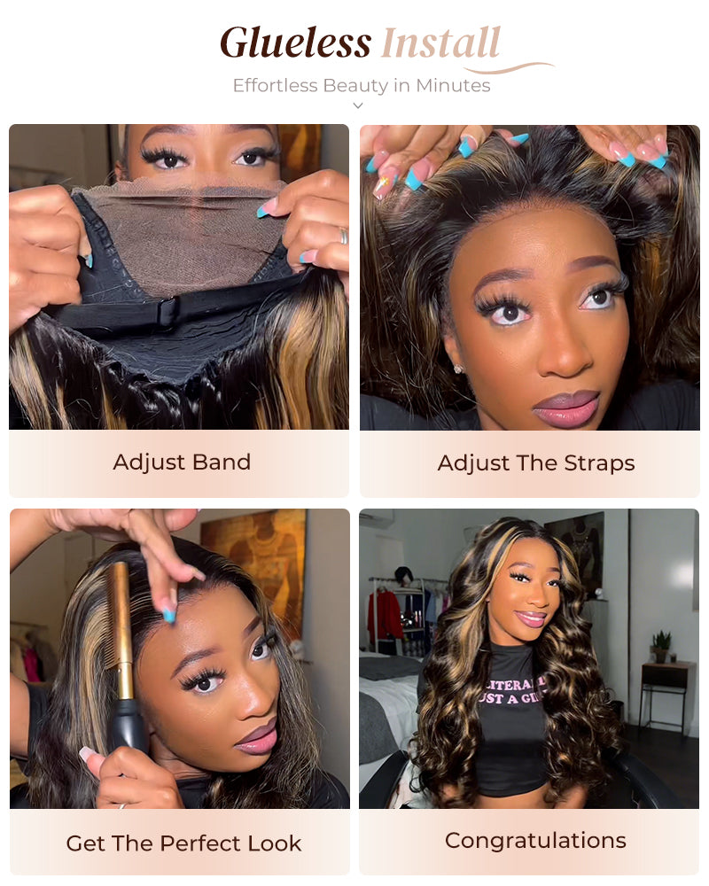 000Arabella 6x5 invisible knots Glueless Balayage Highlight Colored Wig Loose Deep Wave Wig Pre-cut Lace Beginner Friendly