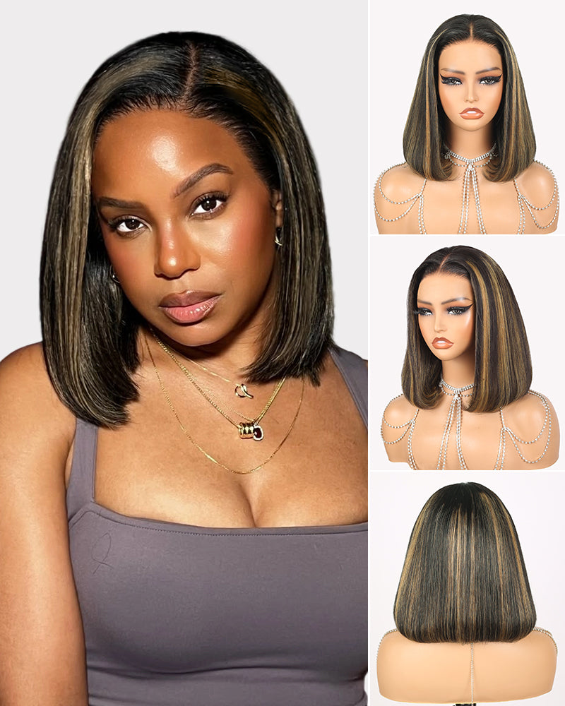 Arabella 6x5 Invisible Knots & 13x4 Frontal Lace Balayage Highlight Straight Bob Colored Wig Pre-cut Lace Beginner Friendly