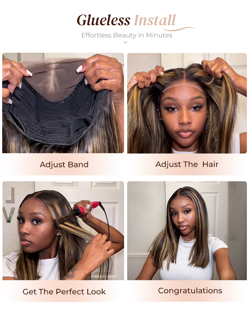 Arabella 6x5 Invisible Knots & 13x4 Frontal Lace Balayage Highlight Straight Bob Colored Wig Pre-cut Lace Beginner Friendly