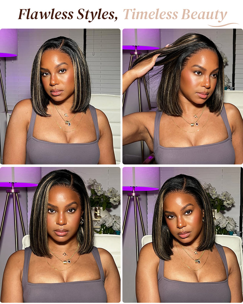 Arabella 6x5 Invisible Knots & 13x4 Frontal Lace Balayage Highlight Straight Bob Colored Wig Pre-cut Lace Beginner Friendly