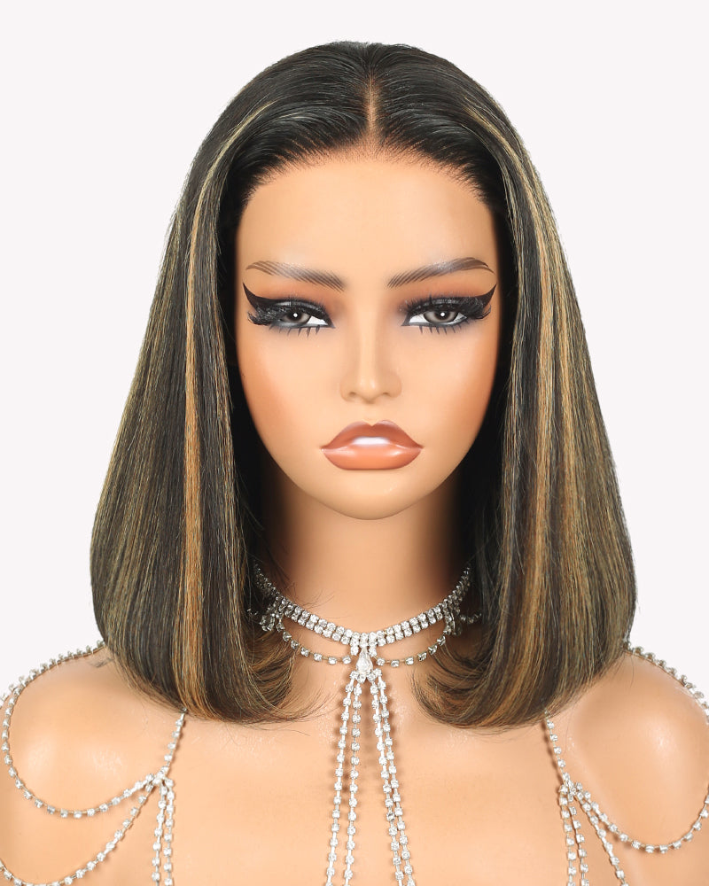 Arabella 6x5 Invisible Knots & 13x4 Frontal Lace Balayage Highlight Straight Bob Colored Wig Pre-cut Lace Beginner Friendly