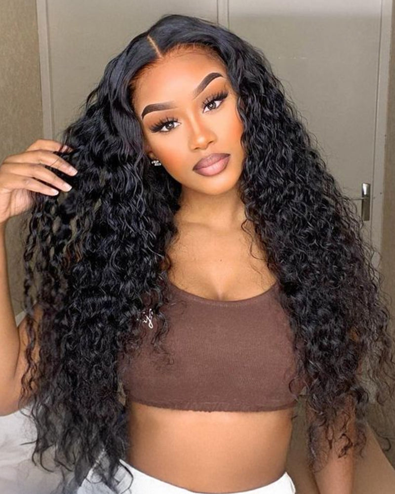 000【BOGO】Water Wave Natural Black T-Part Lace Front Human Hair Wigs