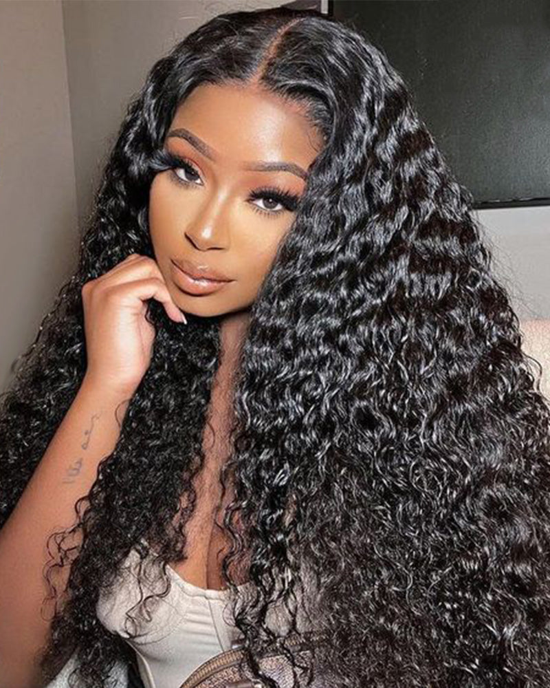 000【BOGO】Water Wave Natural Black T-Part Lace Front Human Hair Wigs 30
