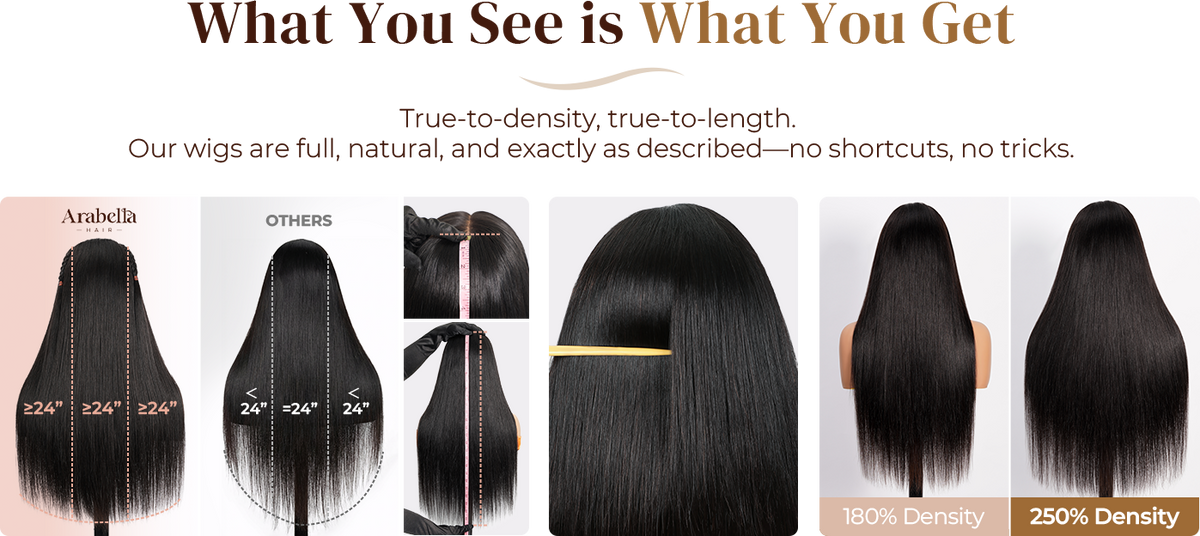 Full-density human hair wig, true to length and natural-looking