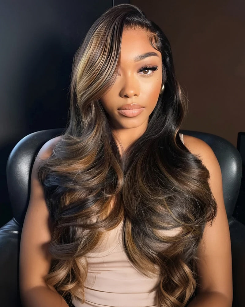 18"=$117 | Arabella 360 Full Lace Glueless Auburn Highlights on Black Hair Body Wave Wig Invisi Drawstring Pull & Go