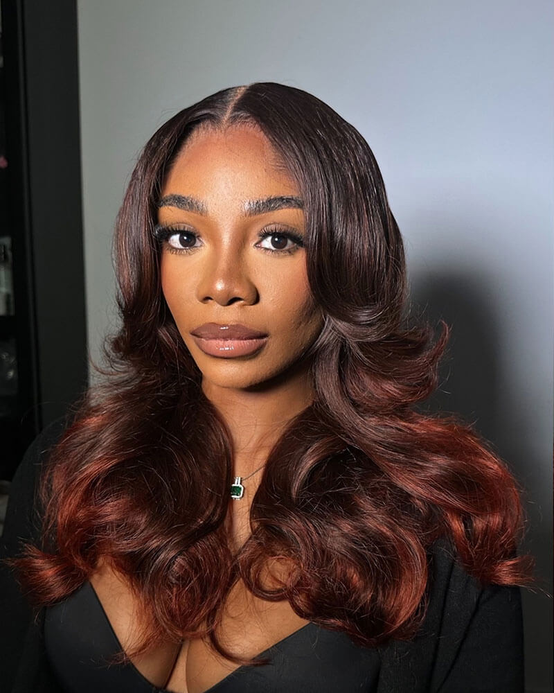 Pure-Luxe™ Airtouch Balayage Highlights Burgundy Ombre Color Blowout In Wavy Pre-Cut 13x6 Lace Ultra-Dense Glueless Human Hair Wig