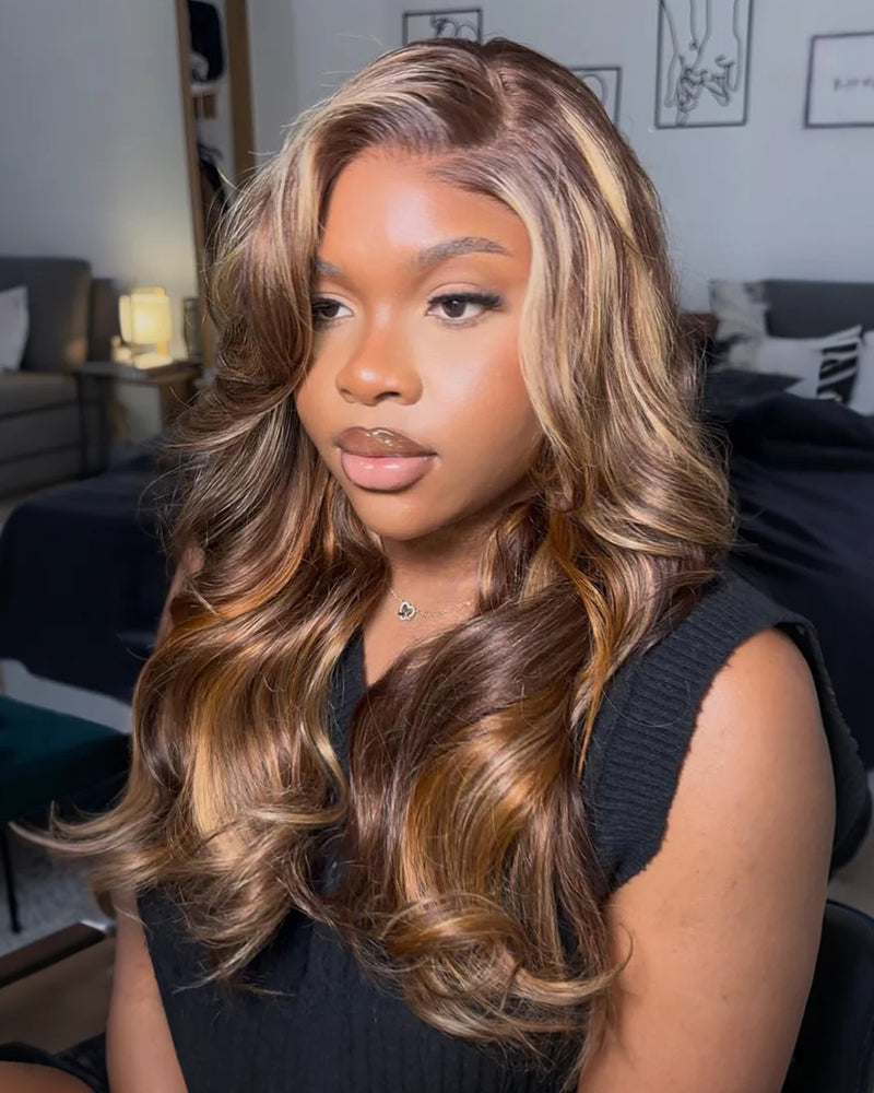 Arabella 6x5 invisible knots Glueless Wig Brown Ombre Highlights Loose Body Wave Wig Pre-cut Lace Beginner Friendly