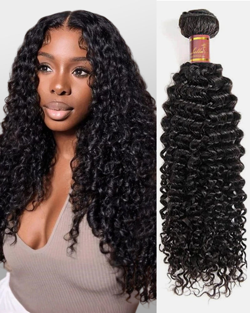 Woman with Jerry Curly Next to A Bundle of Black Hair Extensions
