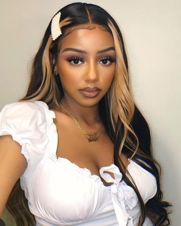 24 Inches Money Piece Highlight on Natural Black Straight Glueless 4x4 Lace Closure Human Hair Wigs